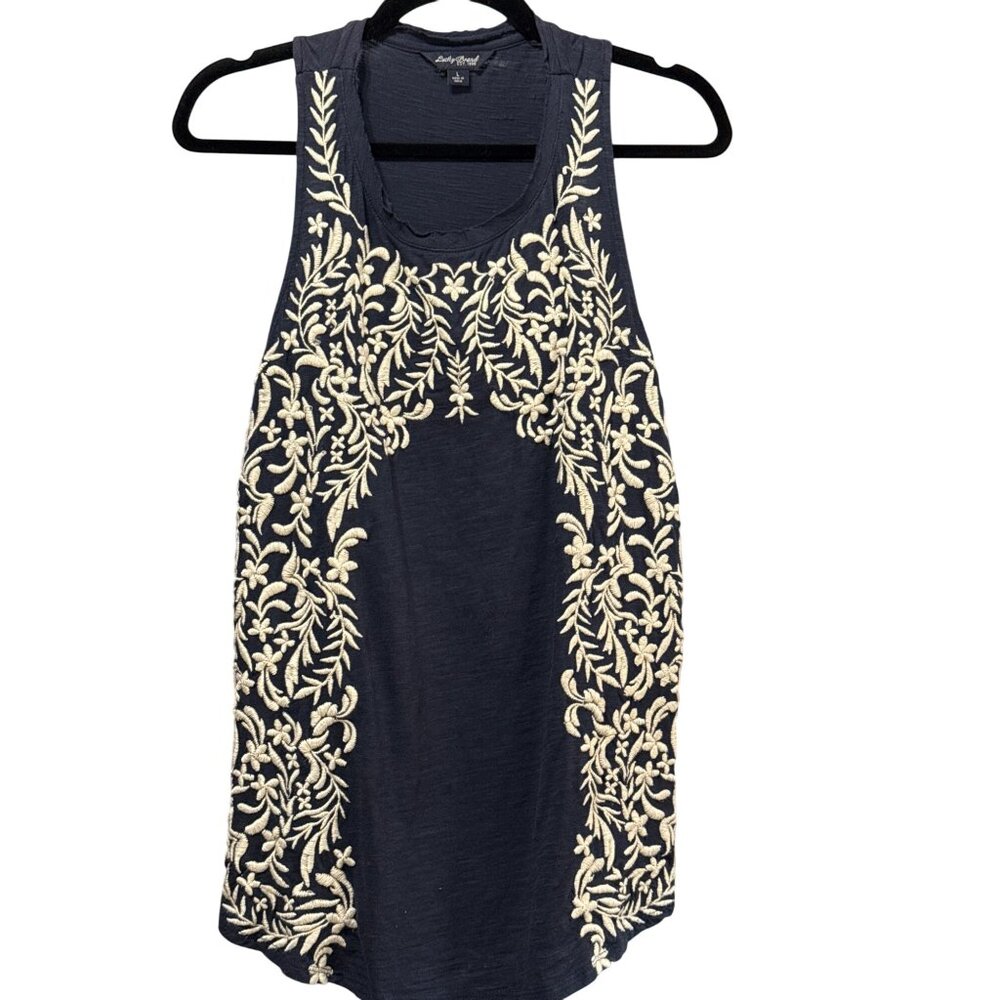 Lucky Brand Navy Sleeveless Embroidered Tank Top L Factory Distressed Neckline